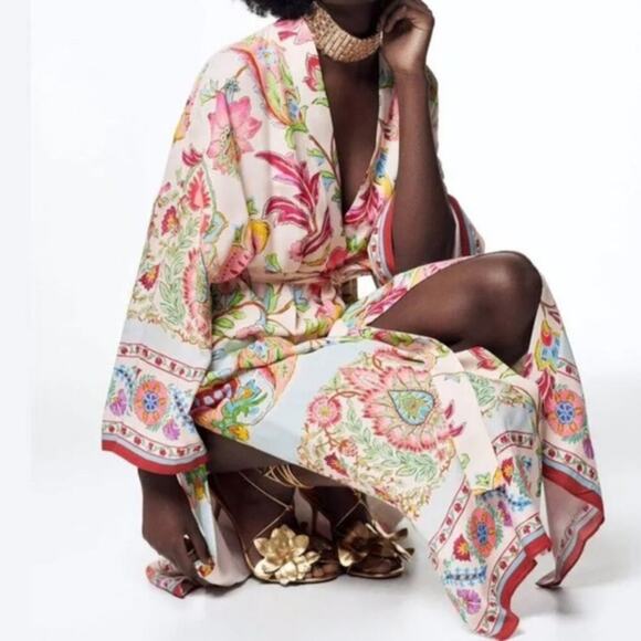 ZARA Pink Printed Belted Long Line Open Front Kimono Robe Duster Sz XS S M New - Picture 14 of 15